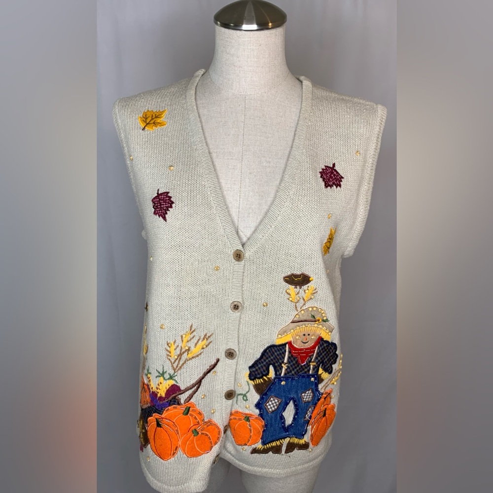 Vintage Cream Embroidered Scarecrow & Pumpkin Vest